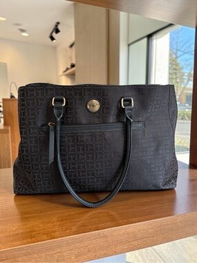 Tommy Hilfiger Black Brown Logo Jacquard Tote with Gold Emblem